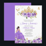 Convite Butterfly Sweet 16   Flores De Aquarela Púrpura<br><div class="desc">Doce 16 Convite de aniversário em tons lilás e lavandas de púrpura com borboletas de ouro e uma bela tiara e uma garota de vestido de bola. Visite o compro para obter mais variações no tom de pele e combinações de cores</div>