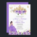 Convite Butterfly Sweet 16   Flores De Aquarela Púrpura<br><div class="desc">Doce 16 Convite de aniversário em tons lilás e lavandas de púrpura com borboletas de ouro e uma bela tiara e uma garota de vestido de bola. Visite o compro para obter mais variações no tom de pele e combinações de cores</div>