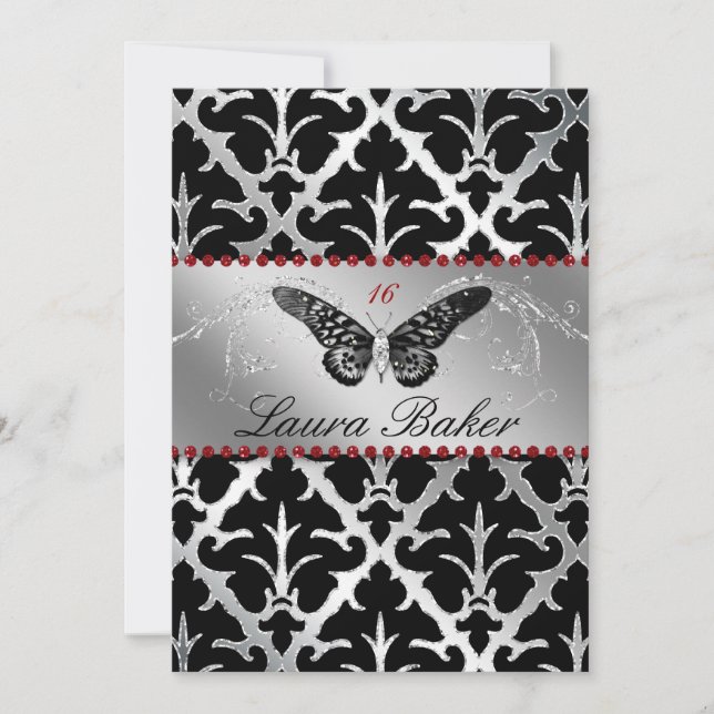 Convite Butterfly Sweet 16 Invite Damask Red Sparkle (Frente)
