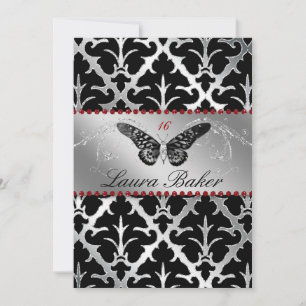 Convite Butterfly Sweet 16 Invite Damask Red Sparkle