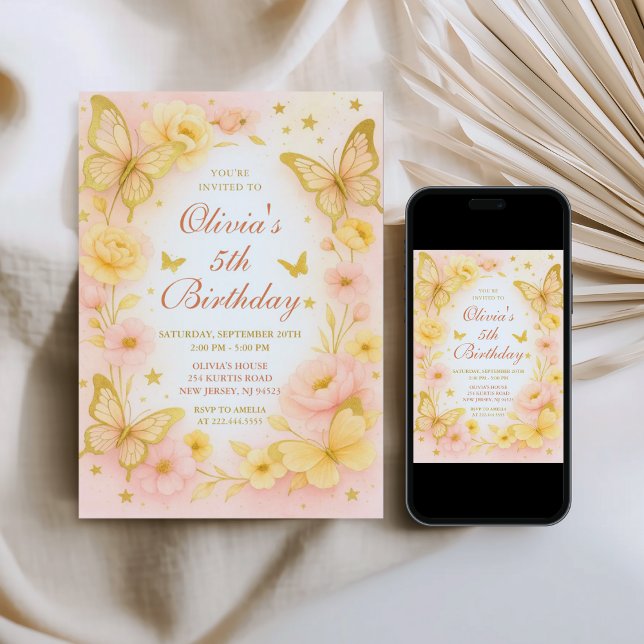 Convite Butterfly Yellow and Pink Birthday Invitation (Criador carregado)