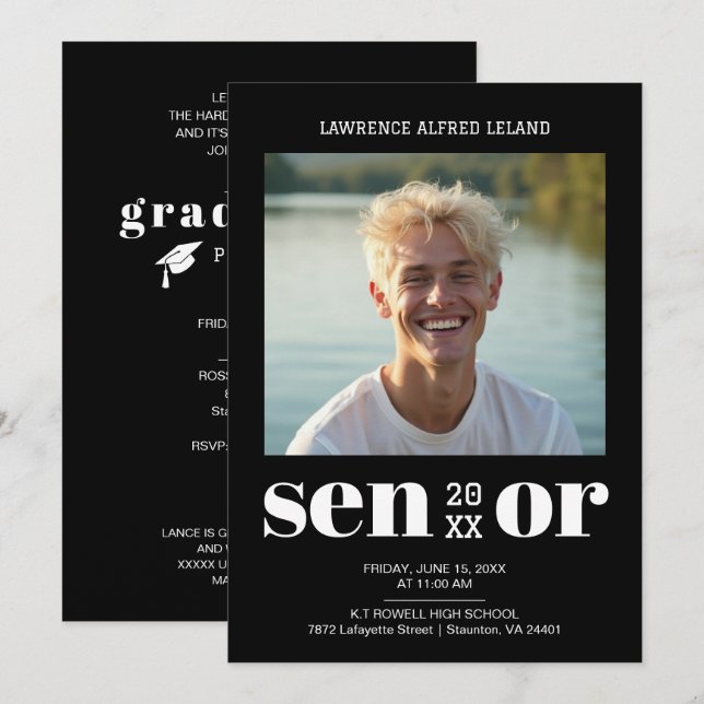 Convite  BW Modern Editorial Senior Photo Cool Graduate  (Frente/Verso)