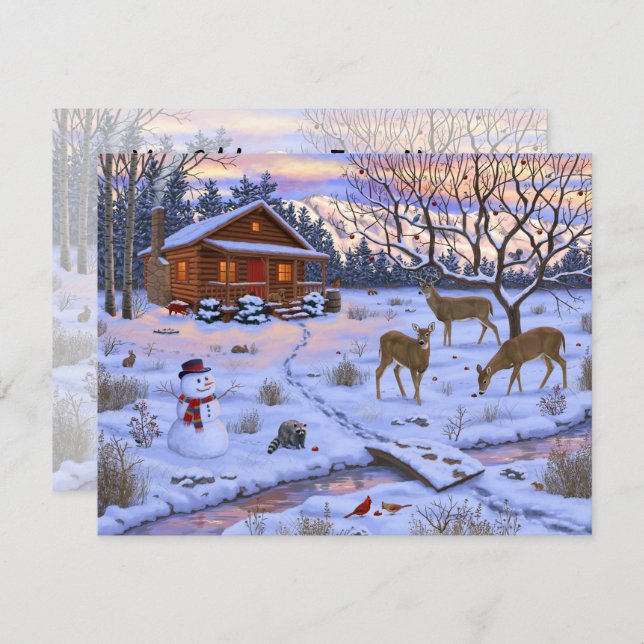 Convite Cabana de Inverno com Veado na Neve Cena de Natal (Frente/Verso)