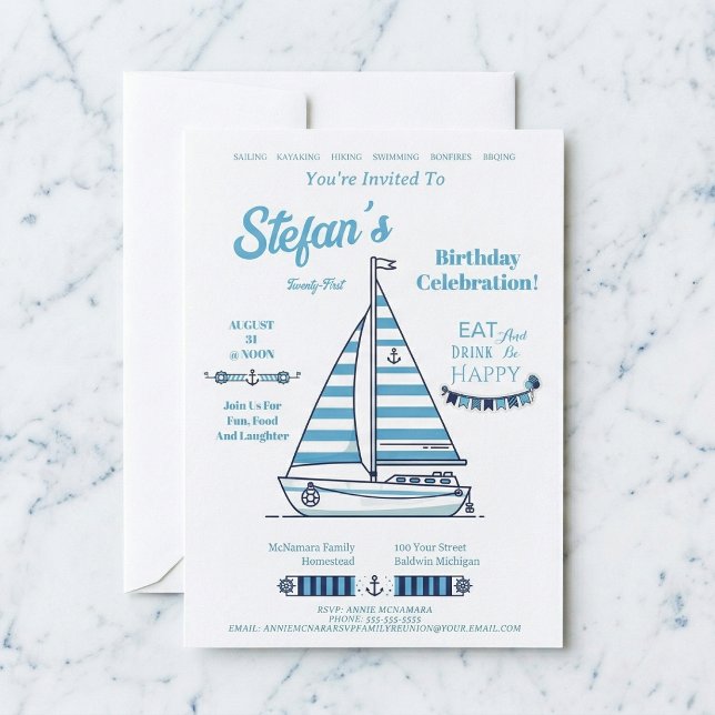 Convite Cabana Listrada de Barco à Vela de Aniversário (Perfect for your seaside bash.)