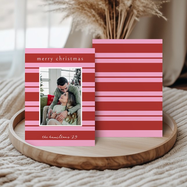 Convite Cabana Pink and red Stripe Preppy Christmas card (Criador carregado)