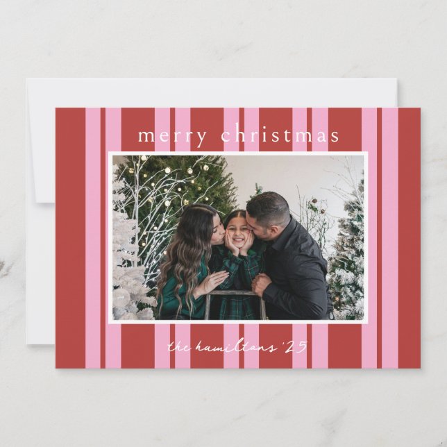 Convite Cabana Pink red Stripe Preppy photo Christmas card (Frente)