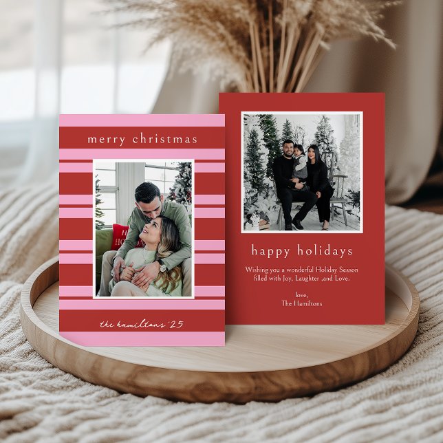 Convite Cabana Pink red Stripe Preppy photo Christmas card (Criador carregado)
