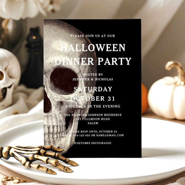 Convite Cabeça de Caveira Assustadora Preta Festa de Janta (Black Scary Skull Adult Halloween Dinner Party Invitation)