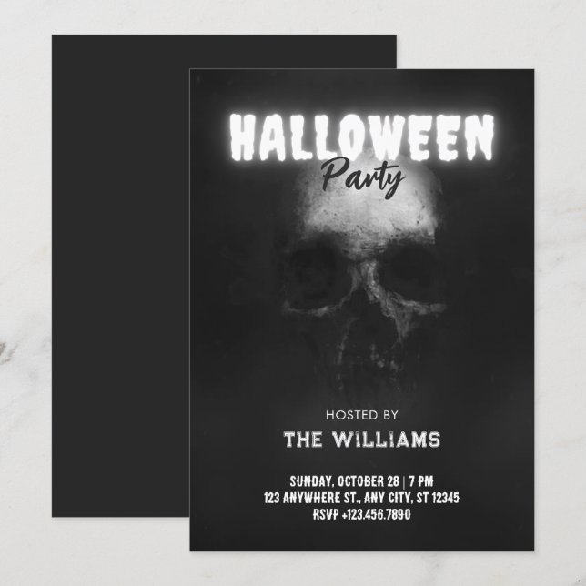 Convite Cabeça de osso Caveira preta halloween (Frente/Verso)