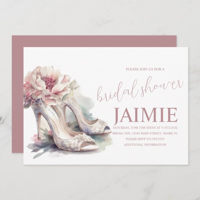 Convite Cabeçalho de Aquarela Chá de panela Floral Cor-de- (Frente/Verso)