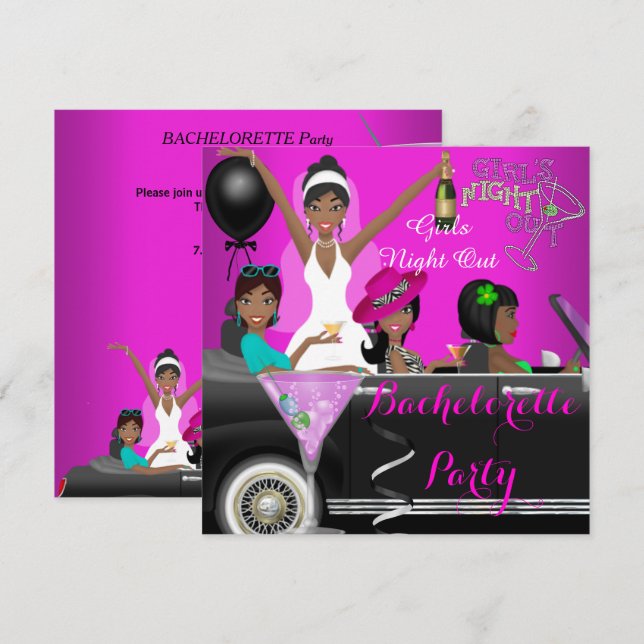 Convite Cabeças de Carro de Limo, Diversão Rosa, festa de  (Frente/Verso)