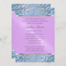 Convite Cabeças de cinza de prata roxa da Quinceanera