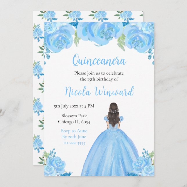 Convite Cabelo Castanho Princesa Azul Quinceanera (Frente/Verso)