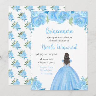 Convite Cabelo Castanho Princesa Azul Quinceanera