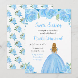 Convite Cabelo loiro Princesa Azul Floral Doce Dezesseis