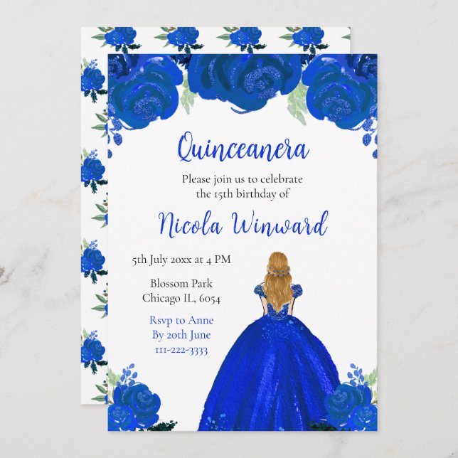 Convite Cabelo loiro Princesa Azul Quinceanera (Frente/Verso)