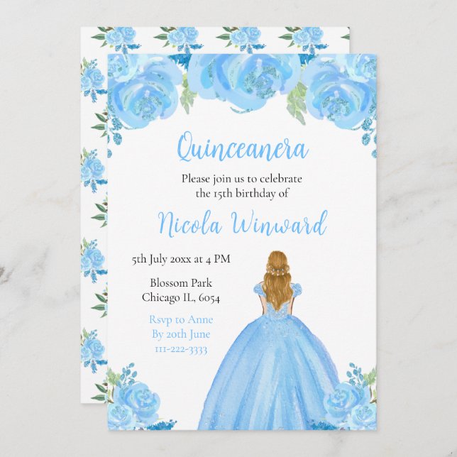 Convite Cabelo loiro Princesa Azul Quinceanera (Frente/Verso)