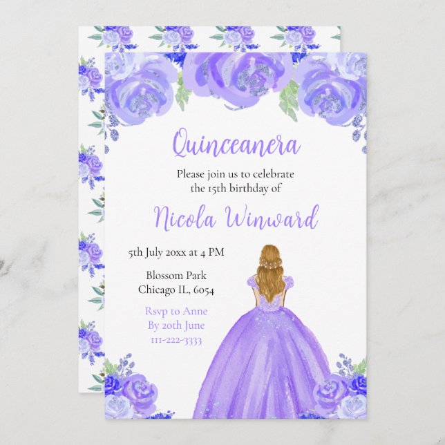 Convite Cabelo Louro Princesa Purple Floral Quinceanera (Frente/Verso)