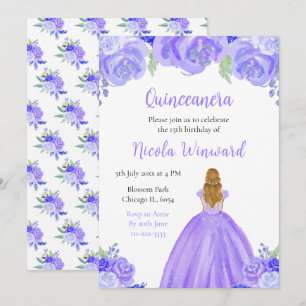 Convite Cabelo Louro Princesa Purple Floral Quinceanera