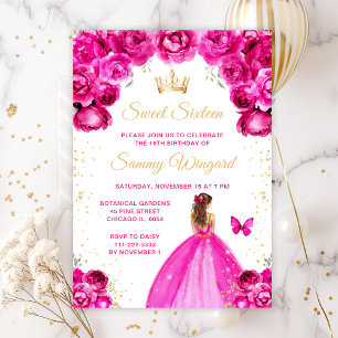 Convite Cabelo Marrom Rosa Vibrante Princesa Sweet Sixteen