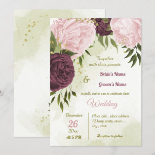Convite cabine cor-de-rosa flores verdes folhas casamento