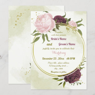 Convite cabine cor-de-rosa flores verdes folhas casamento