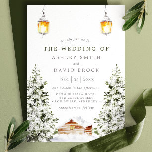 Convite Cabine Rústica de Inverno Neve Pinheiro Casamento