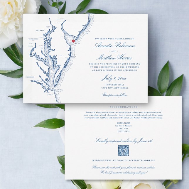 Convite Cabo May NJ código QR all-in-one RSVP Wedding (Cape May NJ All-in-One QR code Wedding invitation in elegant navy blue from Coastal Map Designs)