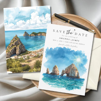 Convite Cabo San Lucas Arco em Aquarela Azul Save the Date
