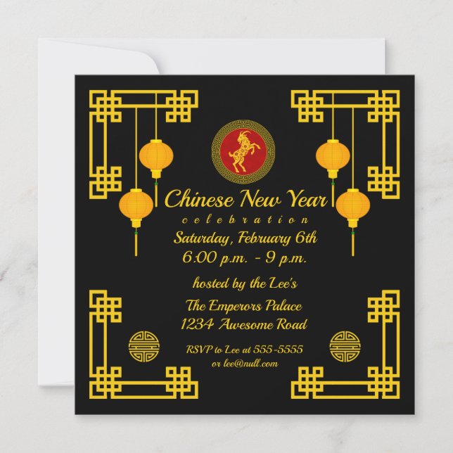 Convite Cabra Ornamenta do Ano Novo Chinês (Frente)
