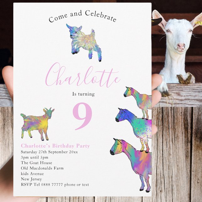 Convite Cabra - Parede 9ª Festa de aniversário (Cute goats colorful farm animal art 9th birthday party invitation )