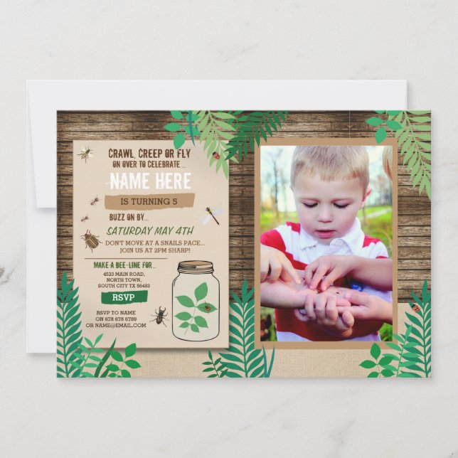 Convite Caça ao Bug Foto Caça Folhas de Madeira Festa Folh (Frente)
