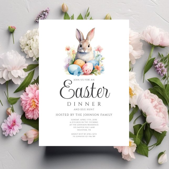 Convite Caça ao Ovo de Coelho Fofo e Jantar de Páscoa  (Cute Bunny Egg Hunt And Easter Dinner Invitation)