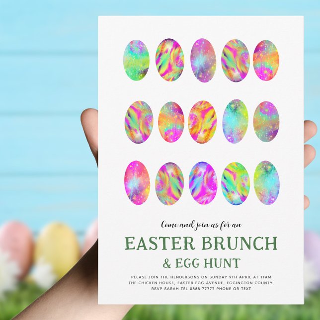 Convite Caça ao Ovo de Páscoa Brunch Aquarela moderna (Trendy Easter brunch and egg hunt invitation colorful arty Easter egg pattern)