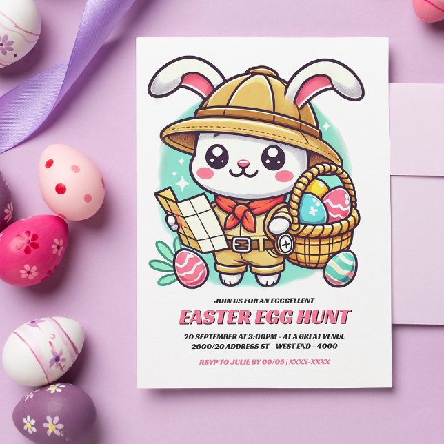 Convite Caça ao Ovo de Páscoa do Explorador Coelhinho Fofo (Invite friends and family to an eggcellent Easter egg hunt with this adorable invitation!)