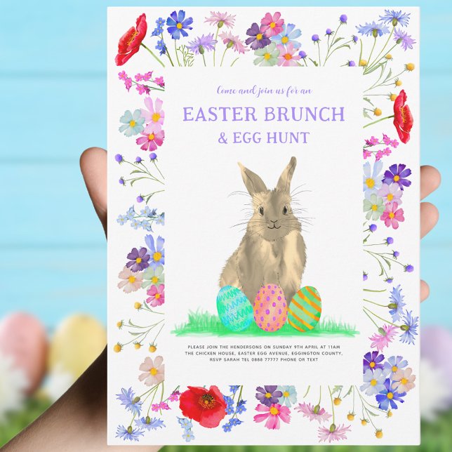 Convite Caça ao Ovo de Páscoa e Floral de Brunch Bunny (Easter brunch and egg hunt custom invitation cute bunny and eggs with watercolor wildflower floral)