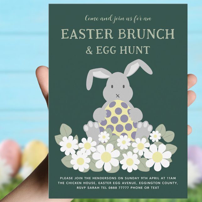 Convite Caça ao Ovo de Páscoa e Floral de Cute Bunny (Easter brunch and egg hunt cute bunny floral invitation green yellow gray purple)