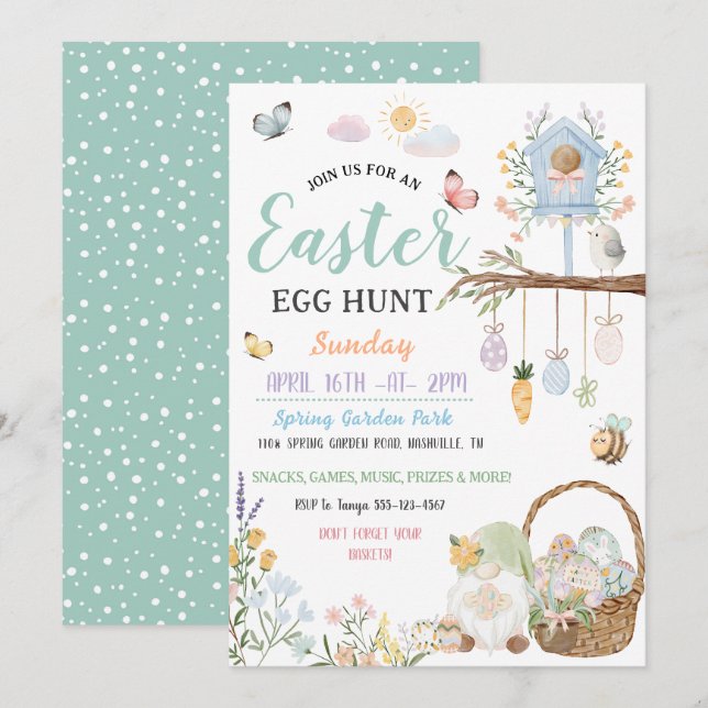 Convite Caça ao Ovo de Páscoa Pastel com Gnomos (Frente/Verso)