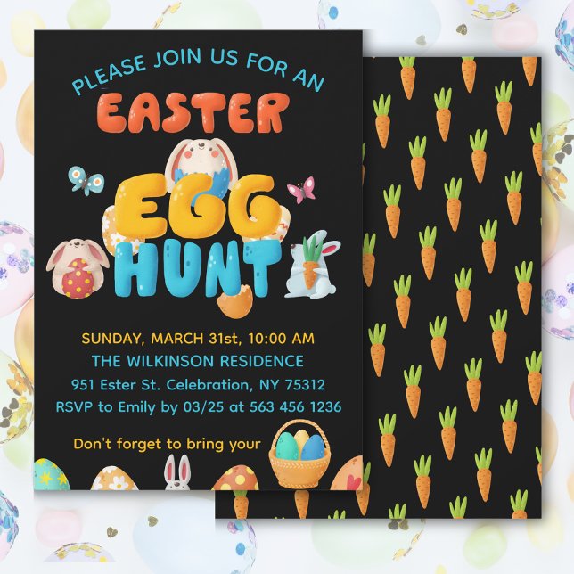 Convite Caça ao Ovo de Páscoa Preto  (Get this playful and colorful invitation for your Easter celebration, customize it today!)