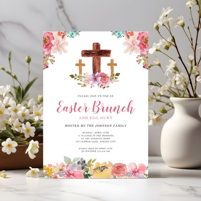 Convite Caça ao Ovo de Páscoa Religioso com Aquarela Flora (Floral Watercolor Religious Easter Brunch Egg Hunt Invitation)