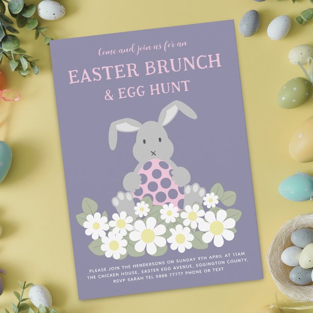 Convite Caça ao Ovo do Coelho de Páscoa e Brunch Floral (Modern Easter egg hunt spring brunch cute bunny spring floral invitation Pink whimsical script)
