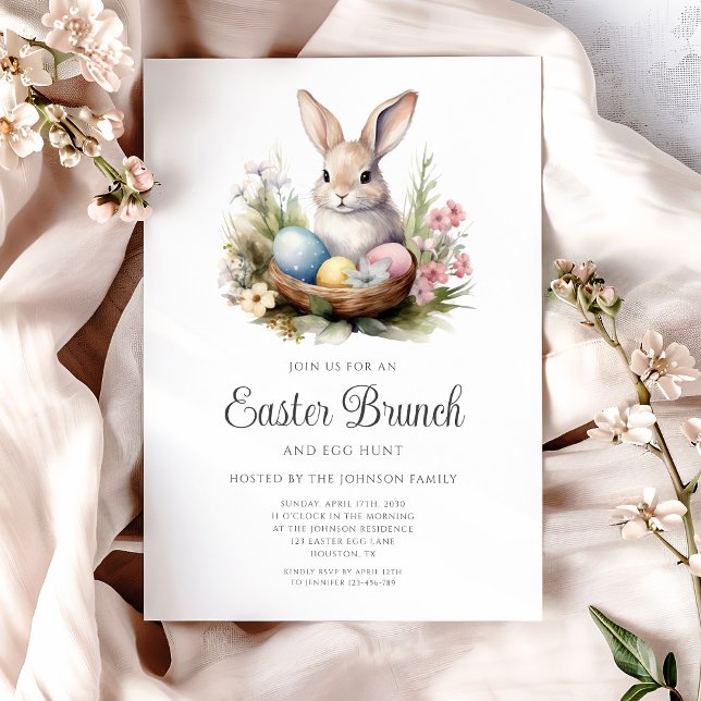 Convite Caça ao Ovo do Coelho Fofo e Brunch de Páscoa  (Cute Rabbit Egg Hunt And Easter Brunch Invitation)