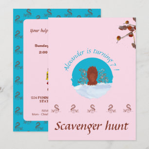Convite Caça ao tesouro divertida esquilo cavando em rosa 