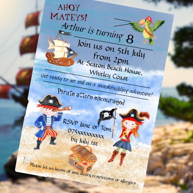Convite Caça ao tesouro do partido temático de aniversário (Pirate-Themed Party invite)