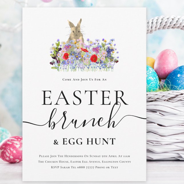 Convite Caça aos Ovos da Páscoa com Coelhinho e Brunch com (Easter brunch and egg hunt spring party invitation Cute bunny and watercolor wildflowers )