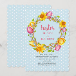 Convite Caça aos Ovos de Brunch de Páscoa Floral Azul Rosa