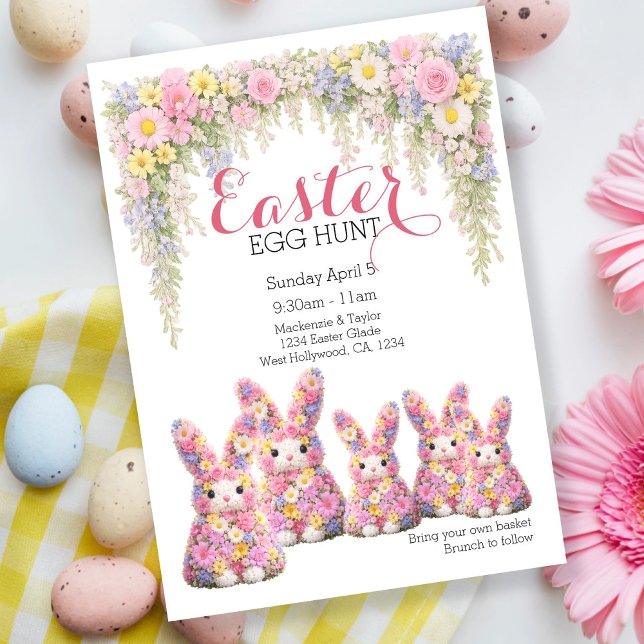 Convite Caça aos Ovos de Páscoa Almoço Coelhinho Bunny Flo (Sweet Flower Bunny Rabbit Easter Egg Hunt Lunch Invitation by Ricaso. Brunch invite bunny family )