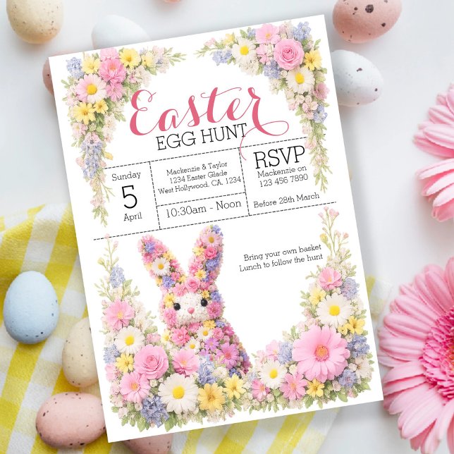 Convite Caça aos Ovos de Páscoa Almoço do Coelhinho da Flo (Sweet Flower Bunny Rabbit Easter Egg Hunt Lunch Acrylic Invitations by Ricaso. Spring themed florals)