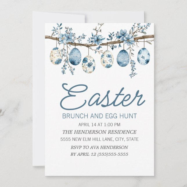 Convite Caça aos Ovos de Páscoa Azul Brunch  (Frente)