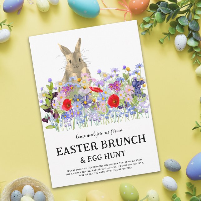 Convite Caça aos Ovos de Páscoa Brunch de Primavera Coelhi (Modern easter egg hunt spring brunch cute bunny wildflower floral invitation Colorful vibrant )
